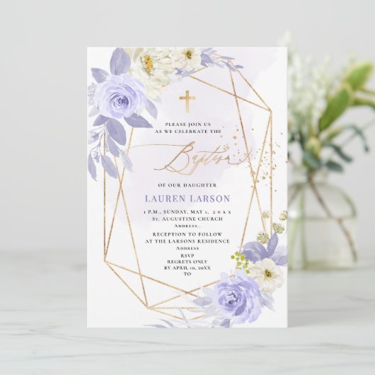 Invitation ArtsApp Elegant H2 Dusty violet Rose Baptême (Debout devant)