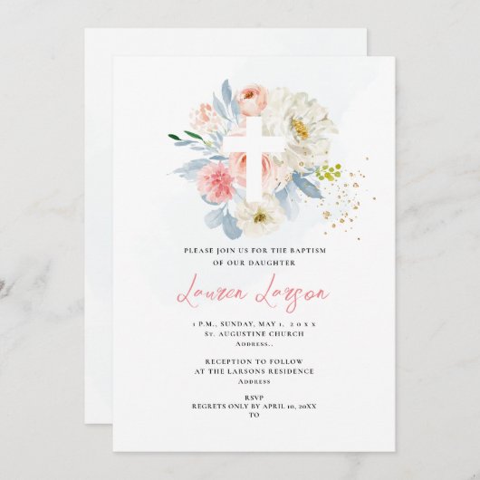 Invitation ArtsApp Élégant H2 rose pâle Roses Baptême (Devant / Derrière)