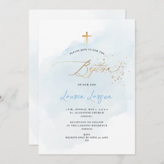 Invitation ArtsApp Elegant H2 Washed Pale Blue Baptism (Devant / Derrière)