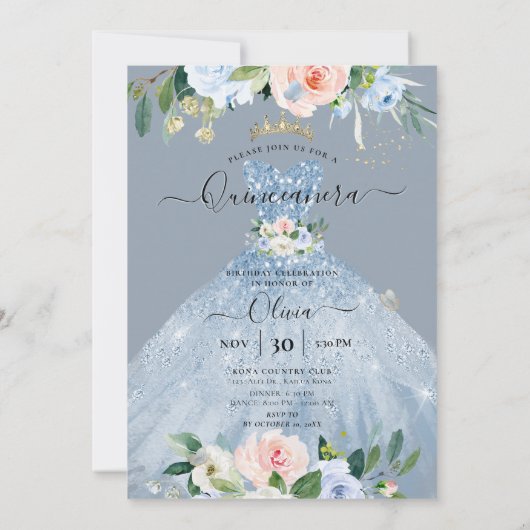 Invitation ArtsApp H2 bleu rose Roses scintillant Quinceanera (Dos)