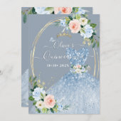 Invitation ArtsApp H2 bleu rose Roses scintillant Quinceanera (Devant / Derrière)