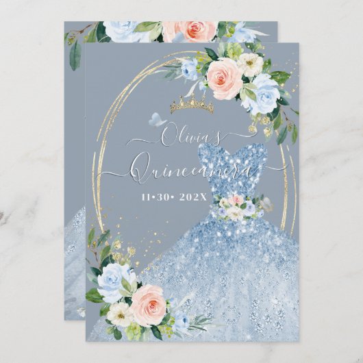 Invitation ArtsApp H2 bleu rose Roses scintillant Quinceanera (Devant / Derrière)