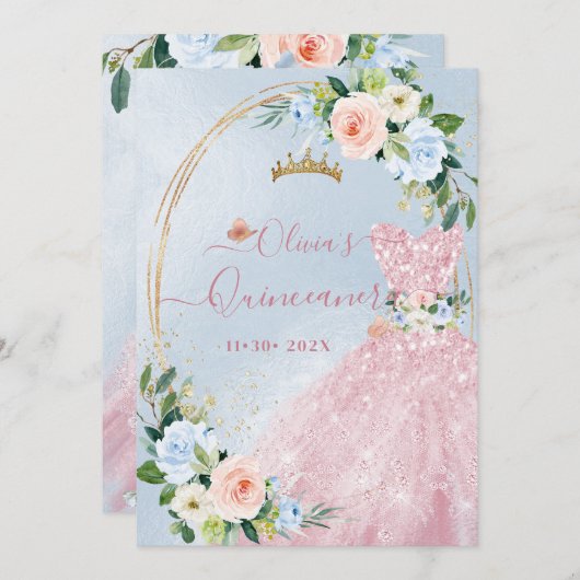 Invitation ArtsApp H2 Blush Blue Roses scintillant Quinceaner (Devant / Derrière)