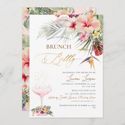 Invitation ArtsApp Tropical Paradise Faux Gold Brunch+Bubbly (Devant / Derrière)