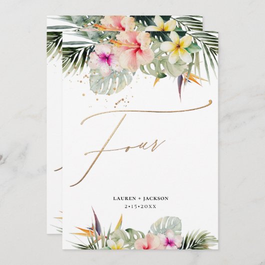 Invitation ArtsApp Tropical Paradise Faux Gold Table Four (Devant / Derrière)