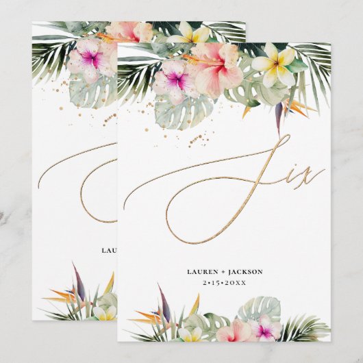 Invitation ArtsApp Tropical Paradise Faux Gold Table Six (Devant / Derrière)