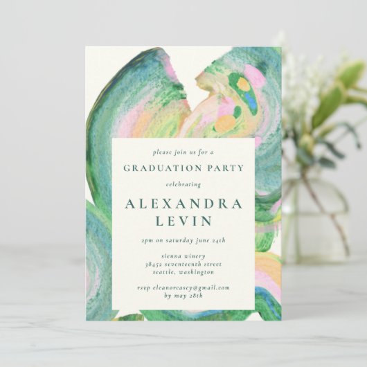 Invitation Artsy Abstrait Green Watercolor Graduation Party (Debout devant)