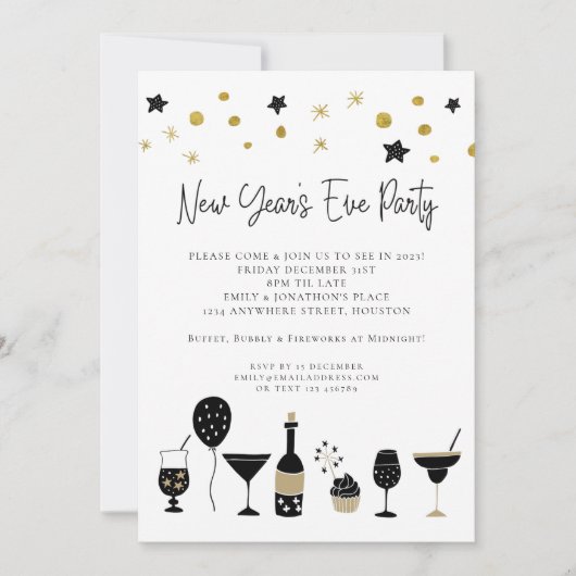 Invitation Artsy Black Gold New Years Eve Party (Devant)
