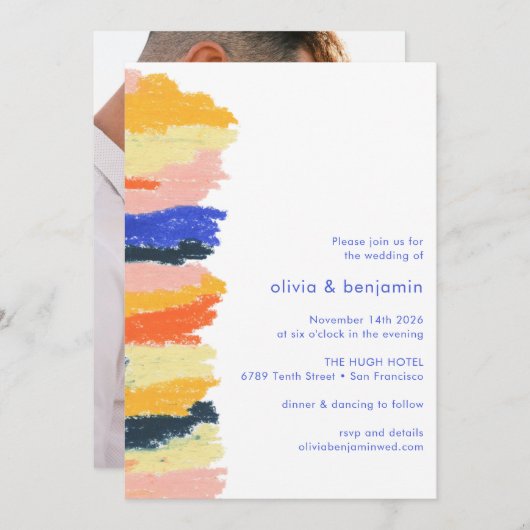 Invitation Artsy Bleu Abstrait Art Mariage photo unique (Devant / Derrière)