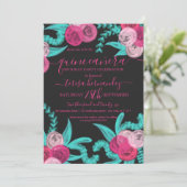 Invitation Artsy brillant Neon rose Fleurs Turquoises Quincea (Debout devant)