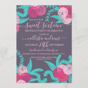 Invitation Artsy brillant Neon rose Turquoise Fleurs Douce 16