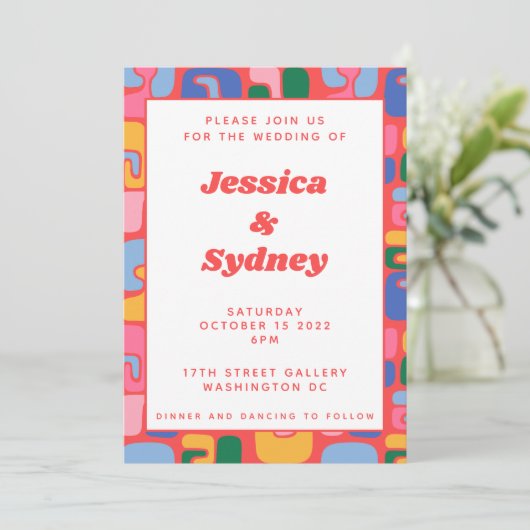 Invitation Artsy coloré moderne Abstrait Formes rouges Mariag (Debout devant)