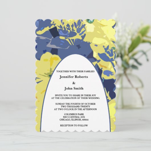 Invitation Artsy Floral Jaune Dusty Blue Custom Arch Mariage (Debout devant)