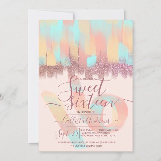Invitation Artsy Girly Turquoise Parties scintillant rose bro (Devant)