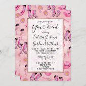 Invitation Artsy mignonne fille rose Turquoise fille aquarell (Devant / Derrière)