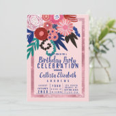 Invitation Artsy Parties scintillant rose bleu floral acryliq (Debout devant)
