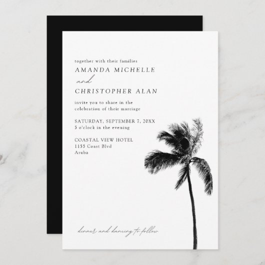 Invitation Aruba Mariage Noir & Blanc Simple Palm Tree (Devant / Derrière)