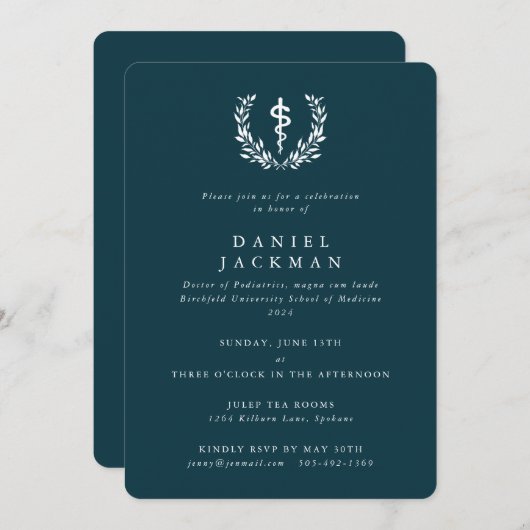 Invitation Asclepius turquoise/Blanc Médicale (Devant / Derrière)