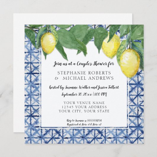 Invitation Asiatique Shibori Blue w Lemon Branch Couples Douc (Devant / Derrière)