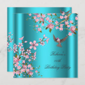 Invitation Asiatique Turquoise rose Fleur Anniversaire (Devant / Derrière)