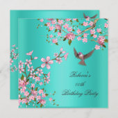 Invitation Asiatique Turquoise rose Fleur Anniversaire (Devant / Derrière)
