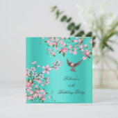Invitation Asiatique Turquoise rose Fleur Anniversaire (Debout devant)