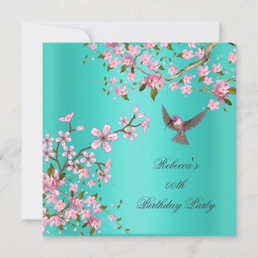 Invitation Asiatique Turquoise rose Fleur Anniversaire (Devant)