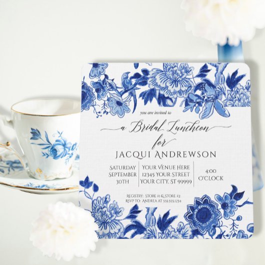 Invitation Asie Influence Bleu Blanc Floral Déjeuner nuptial