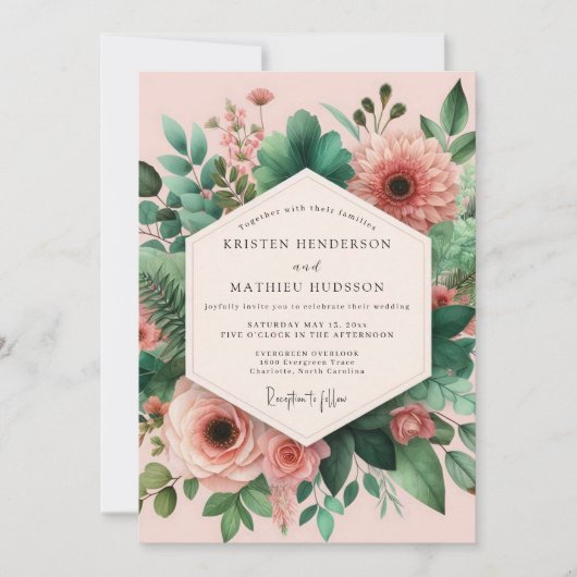 Invitation Assemblage botanique de mariage rose vert (Devant)