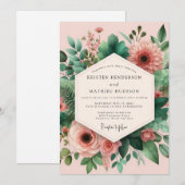 Invitation Assemblage botanique de mariage rose vert (Devant / Derrière)