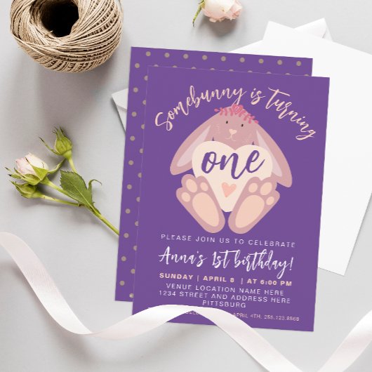 Invitation Assez 1 Anniversaire mignonne Bunny Purple Party
