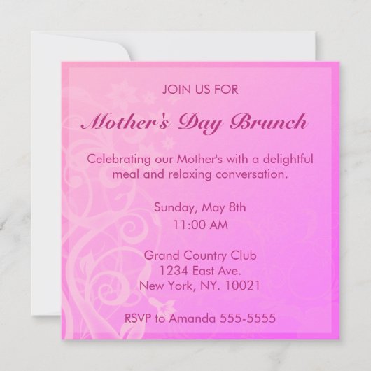 Invitation assez rose de brunch du jour de mère (Devant)