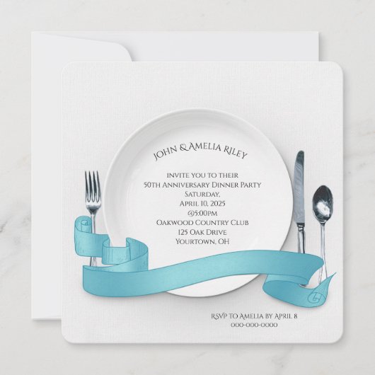 Invitation Assiette blanche avec couverts et bannière (Devant)