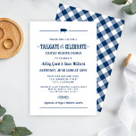 Invitation Assignez et célébrez le Wedding shower bleu de la<br><div class="desc">Décontracté mais sophistiqué barbecue thème "Tailgate & Celebrate" couples invitation wedding shower pour un couple comprend un petit motif de porc, texte personnalisé dans les polices de style occidental, et un scroll et des éléments de design rayé. Conception et texte bleu et blanc marine avec coordination en vichy nappe d'été...</div>