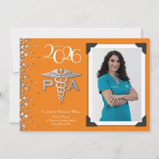 Invitation Assistant de médecin PA Diplômé Orange Argent (Devant)