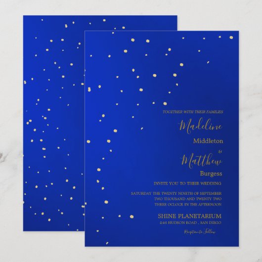 Invitation Astral Gold Stars Bleu Mariage du soir (Devant / Derrière)