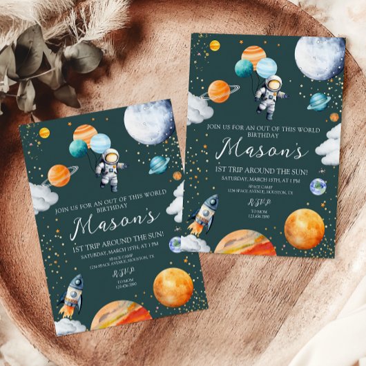 Invitation Astronaut Balloon Planets 1st Trip Around the Sun