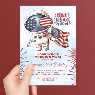 Invitation Astronaut blanc rouge et Cool 2e anniversaire