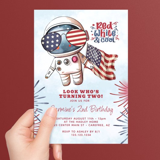 Invitation Astronaut blanc rouge et Cool 2e anniversaire