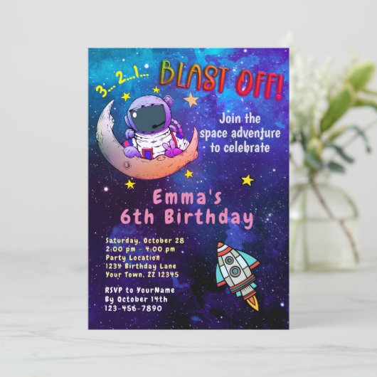 Invitation Astronaut & Lune (fille) (Debout devant)