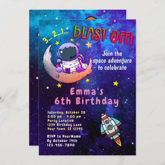 Invitation Astronaut & Lune (fille) (Devant / Derrière)