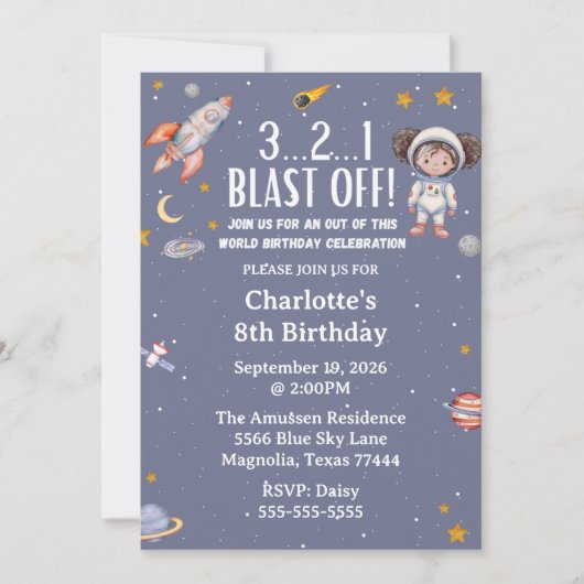 Invitation Astronaut Outer Space Girl Birthday (Devant)