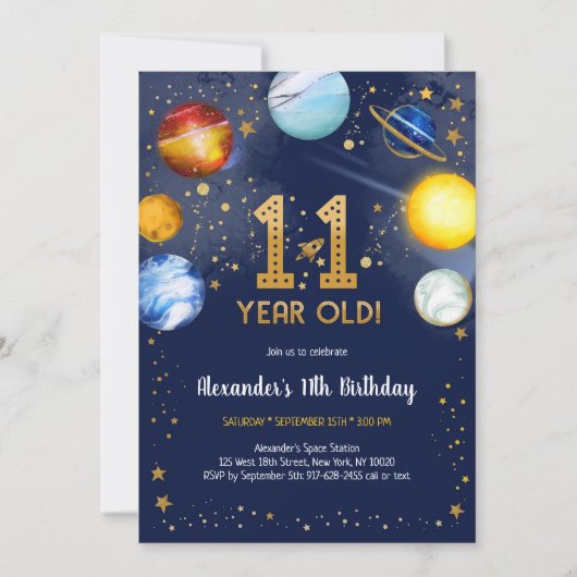 Invitation Astronaut Outer Space Planet Galaxy 11th Birthday (Devant)