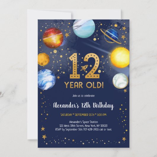 Invitation Astronaut Outer Space Planet Galaxy 12th Birthday (Devant)
