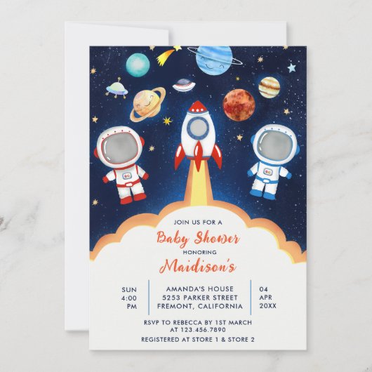Invitation Astronaut Planet Rocket Baby shower spatial (Devant)