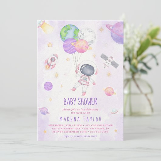 Invitation Astronaut Planet Rocket Baby shower spatial (Debout devant)