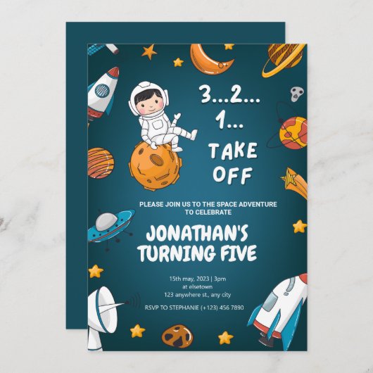 Invitation Astronaut planètes spatiales thème sombre (Devant / Derrière)