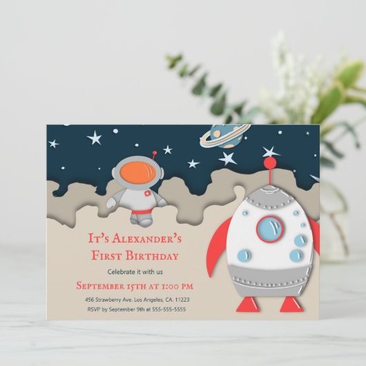 Invitation Astronaut Rocket Space 1er anniversaire (Debout devant)