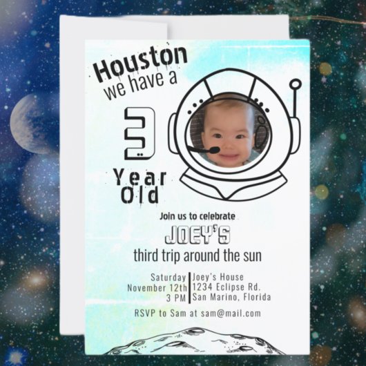 Invitation Astronaut Space Blue Photo personnalisée Anniversa