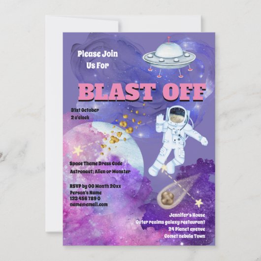Invitation Astronaute vaisseau spatial rose violet filles esp (Devant)
